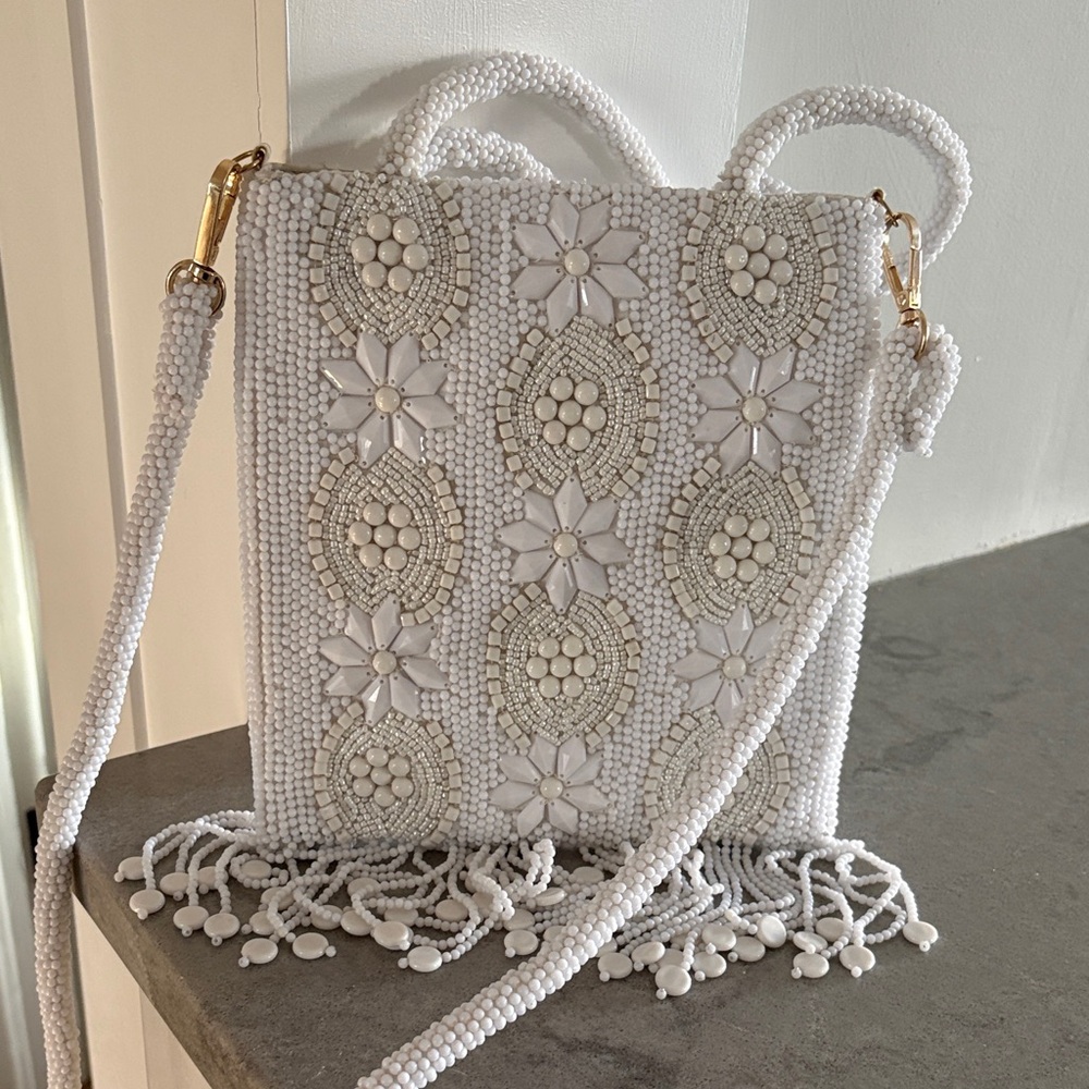 Anthropologie White Beaded Floral Fringe Shoulder Bag